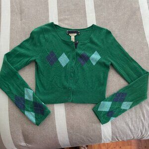 RARE Vintage-Inspired A&F Green Argyle Cropped Cardigan Preppy Y2K Vibes! Size L
